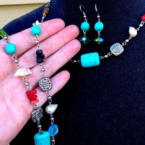 Long Beaded Necklace Turquoise Red Silver Tone and Dangling Earrings Green Brown